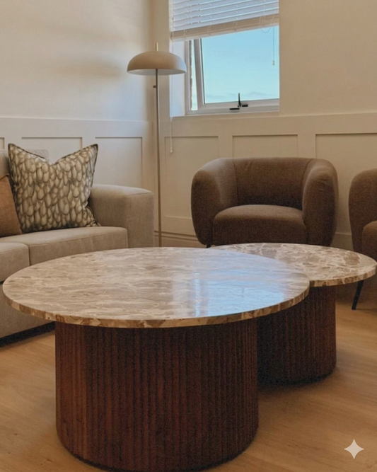 Aria Marble & Ribbed Wood Coffee Table Set